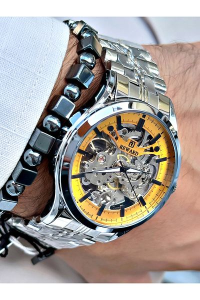 Reward Men's Silver Color Automatic Wrist Watch and Steel Cord - Bracelet Included