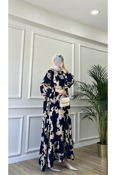 Tebessüm Life فستان فيسكوز من القماش الفاخر بنمط السحابة باللون الأزرق الداكن