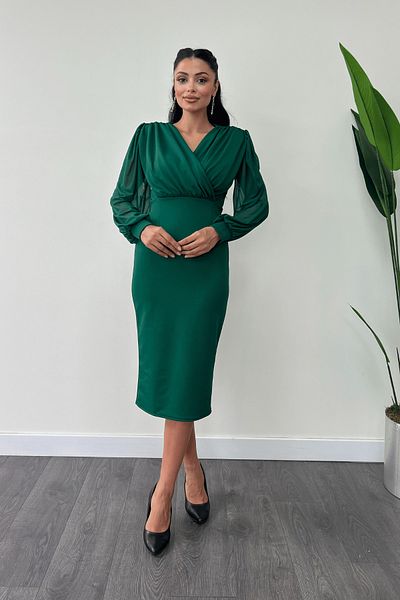 giyimmasalı Crepe Fabric Sleeves Tulle Pencil Dress - Emerald Green