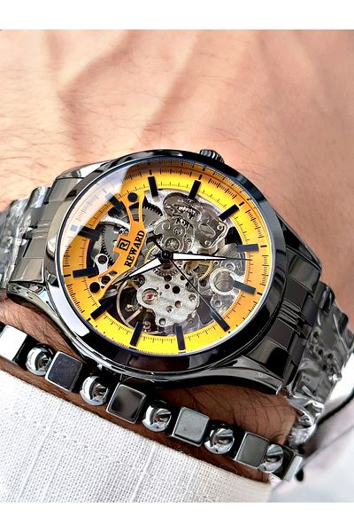 Reward Black Automatic Business Steel Band Men's Wrist Watch and Bracelet Set