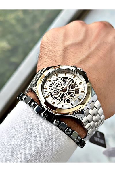 Reward Men's Silver Color Automatic Wrist Watch and Steel Cord - Bracelet Included