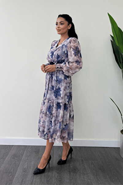 giyimmasalı Rochie din țesătură șifon cu guler dublu - ALBASTRU