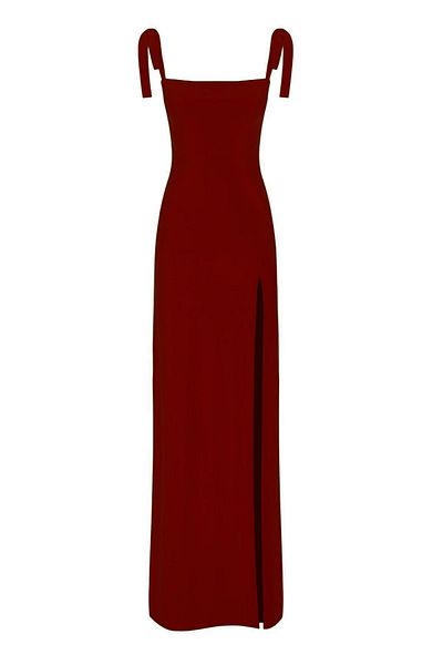 Whenever Company Burgundy Adjustable Strap Square Neck Deep Slit Long Evening Dress