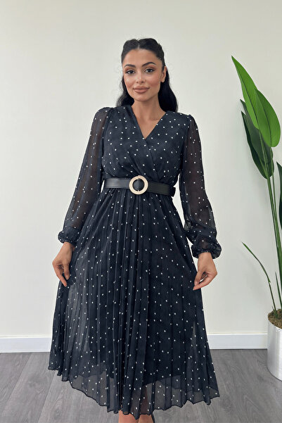 giyimmasalı Şifon Kumaş Kruvaze Yaka Puantiye Detaylı Elbise - SİYAH