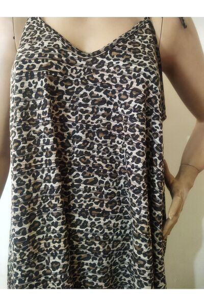 Flamingo Leopar Baskılı Omuzdan Bağcıklı Asimetrik Elbise