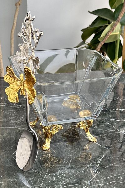 MAY HOME Karen Cam Gold Deep Bowl Pasta & Fruit Footed Presentation Bowl (Butterfly Spoon)