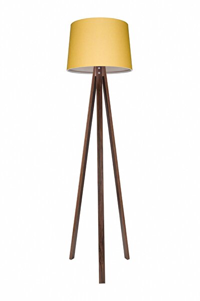 Modamonline Ahşap Kozalak Lambader 3 Ayaklı Abajur Sarı Başlık Kahve Ayak 3039