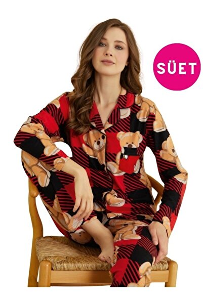 bie's Set pijamale de iarnă din satin și piele de căprioară - guler cămașă, nasturi în față, nervuri din satin și buzunare la piept