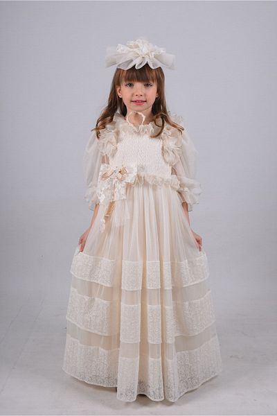 MIALORA EXCLUSİVE By Emel Ebru Özdemir Special Design Girl's Long Dress, Birthday Girl's Dress, Crown, Lace Detailed Evening Dress