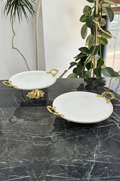 MAY HOME 2'Li Metal Ayaklı Yaldızlı Porselen Sofra Sunum Seti (Nur Set)& Kek ...