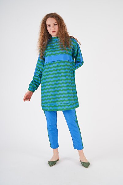 Mevra Costum de baie scurt hijab albastru verde - model ondulat