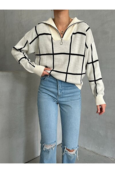 BEJNA Ecrufarbener Strickpullover für Damen mit quadratischen Streifen und Reißverschluss