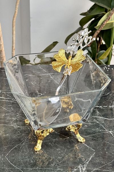 MAY HOME Karen Cam Gold Deep Bowl Pasta & Fruit Footed Presentation Bowl (Butterfly Spoon)