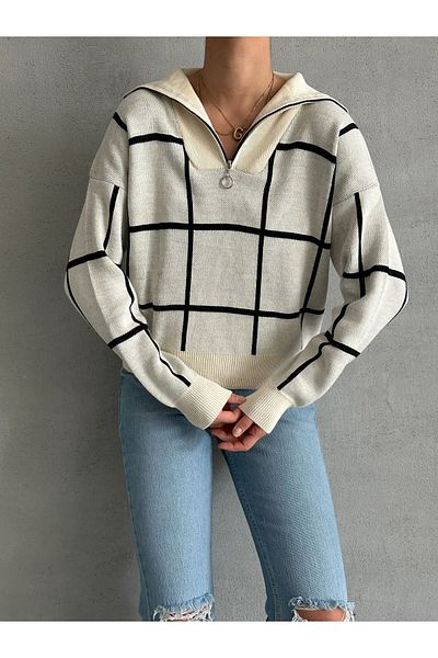 BEJNA Ecrufarbener Strickpullover für Damen mit quadratischen Streifen und Reißverschluss