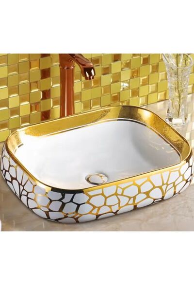YUEN Banyo Lavabosu Tezgah Üstü Çanak Banyo Lavabosu Doğal Taş Altın Yaldız Desenli 56x42x15 Ölçülerinde