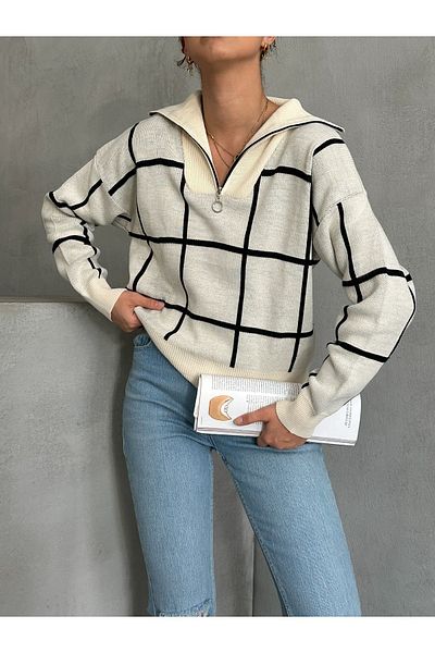 BEJNA Ecrufarbener Strickpullover für Damen mit quadratischen Streifen und Reißverschluss
