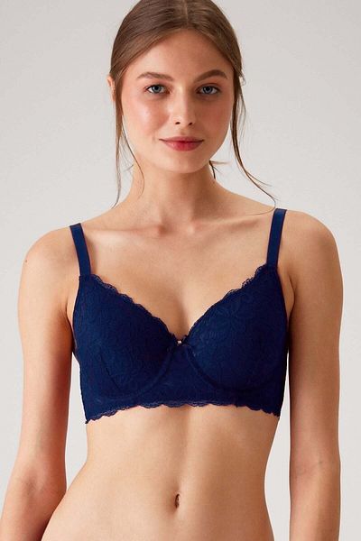 Pierre Cardin 6224 Model Gathering Lace Bra Set - Ecru/Bleumarin, cu opțiunea D Cup
