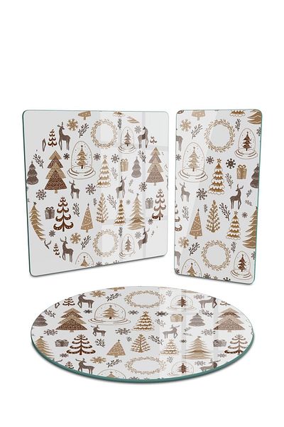 Decovetro 3-Piece Mixed Set - Glass Presentation Serving, Brown Mixed Christmas Patterned Plate
