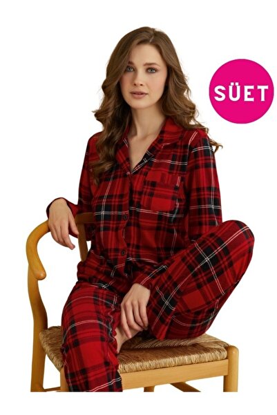bie's Σετ πιτζάμες μπορντό καρό σατέν - γιακάς πουκάμισου, μπροστινό κουμπί, τσέπες, μακρυμάνικο