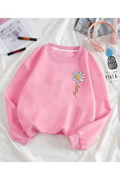 Jooy Company Hanorac oversize, roz, cu imprimeu Happy Daisy