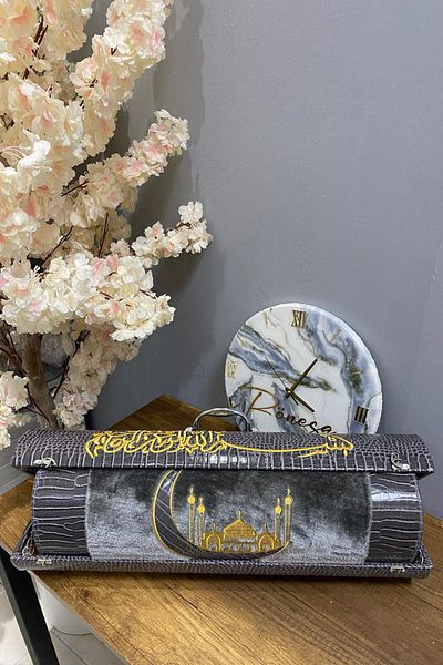 Bonny Home Anthracite Hushu - Prayer Rug Embroidered Leather Prayer Rack (Mdf Bag), Dowry Gift