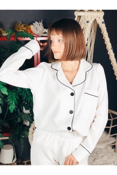 Serbella Ecru White Cotton Long Sleeve Pajama Set
