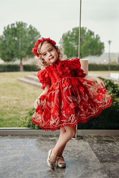 MIALORA EXCLUSİVE By Emel Ebru Özdemir Red Special Design Girl's Evening Dress, Girl's Birthday Dress with Hair Accessories