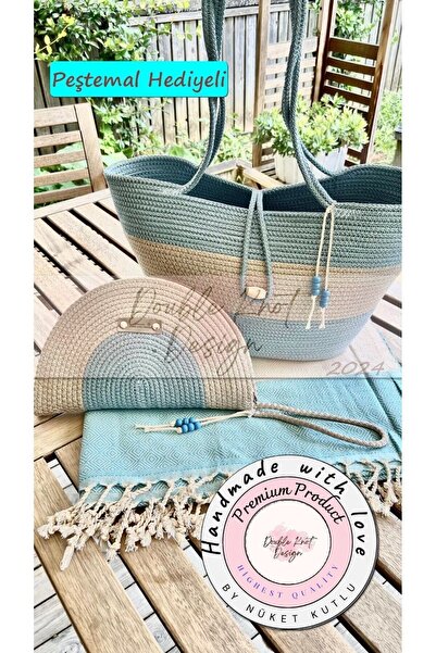 DOUBLE KNOT DESİGN 2li Takım Plaj Çantası , El Çantası Clutch, Totebag, Kadın...