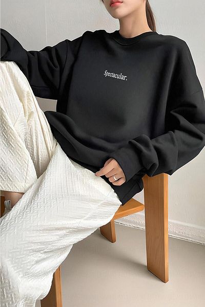 Millionaire Dámská černá mikina s velkolepým potištěným 0 Crew Neck Oversize Volný Loose Fit Fleecová mikina