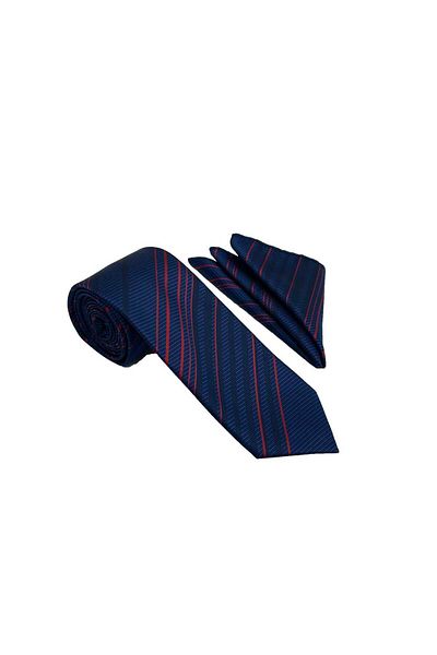 Brianze Navy Blue and Red Striped Tie HandKerchief Set