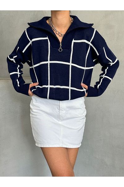 BEJNA Marineblauer Strickpullover mit quadratischen Streifen und Reißverschluss für Damen