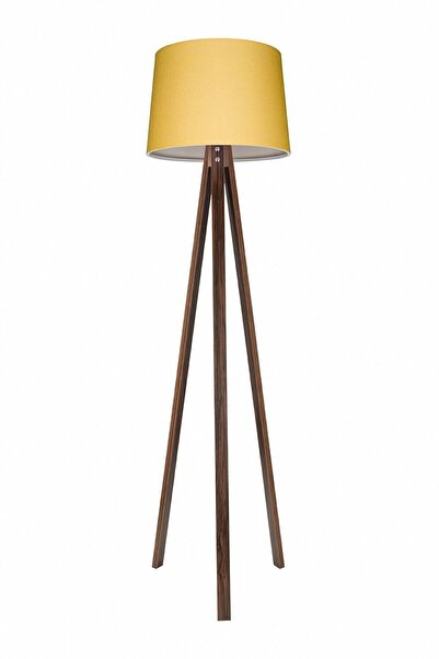 modamvip 3 Ayaklı Lambader Abajur Ahşap Tripod Ayak Konik Kumaş Başlık Sarı Kahverengi Ayak L345