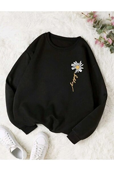 Jooy Company Hanorac oversize negru cu imprimeu Happy Daisy