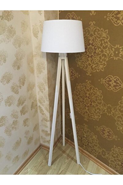 Modamonline 3 Ayaklı Lambader Ahşap Abajur Tripod Lamba Konik Kumaş Beyaz