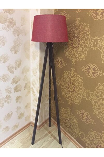 Modamonline Ahşap Lambader Üç Ayaklı Abajur Kumaş Lamba Bordo Ceviz