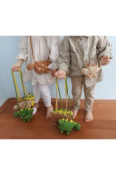 DÖNENCİX Knitted Crossbody Children's Bag Dinosaur Unisex Girls And Boys' Holiday Bag Amigurumi Bag Brown