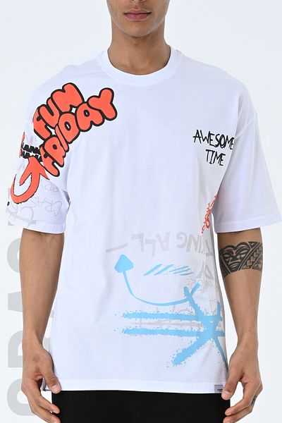 AMAZING CRASH Tricou alb unisex cu imprimeu oversize cu decolteu
