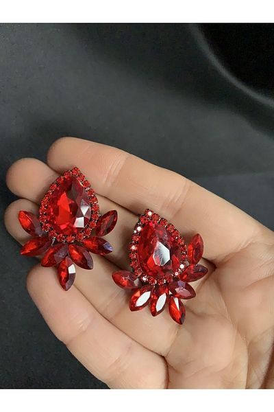 BEYOĞLU NİŞANTAŞI Red Stone Evening Dress Henna Wedding Engagement Earrings