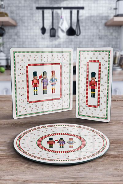 Decovetro New Year's Nutcracker Patterned 3-Piece Mixed Set - Glass Serving Plate