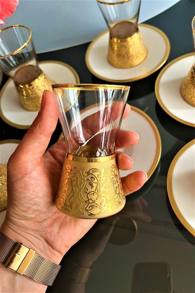 DECOSTYLE Lava Deep Handcrafted Pattern Embroidered Porcelain Plate Gold (24 Carat) Tea Set