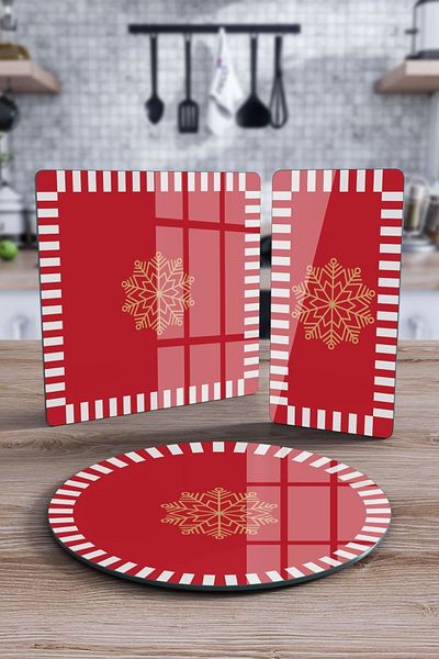 Decovetro Set of 3 Red and White Snowflake Patterned Glass Presentation Serving Plates
