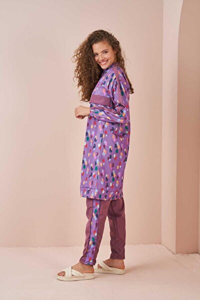 Mevra Puantiye Desen Tesettür Mayo Uzun Lila