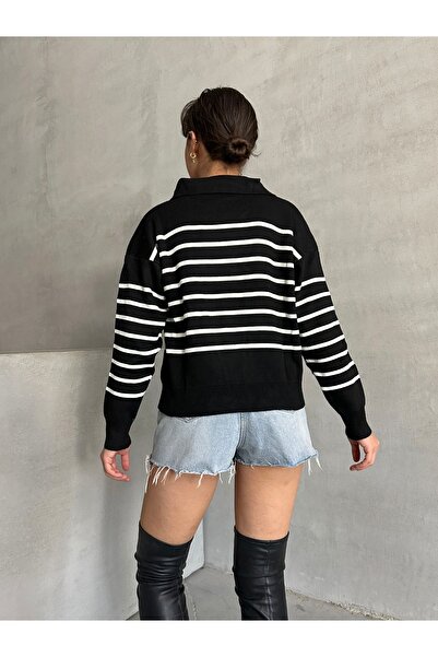 BEJNA Pulover de damă cu dungi negre cu gât polo
