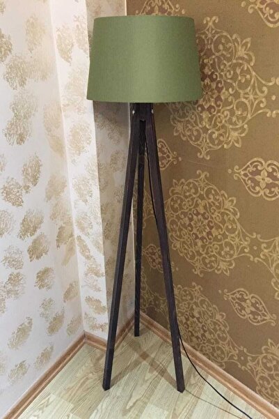 Modamonline Konik Lambader Kumaş Başlık 3 Ayaklı Ahşap Abajur Yeşil Ceviz