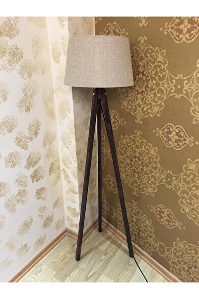 modamvip Kumaş Lambader Ahşap Abajur 3 Ayaklı Lamba Konik Başlık Bej Kahverengi Ayak L341