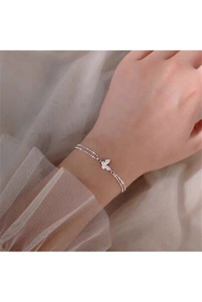 Eyelashes Silver 925 Ayar Gümüş Kristal Taşlı Çift Sıra Zincirli Kelebek Bile...