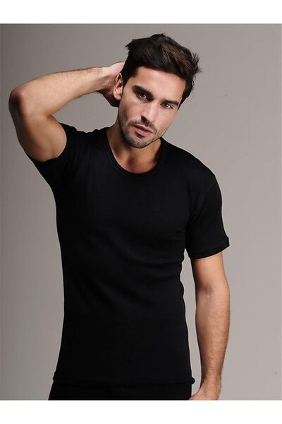 Hasyün Men's Black Wool Short Sleeve Undershirt - 1 Piece