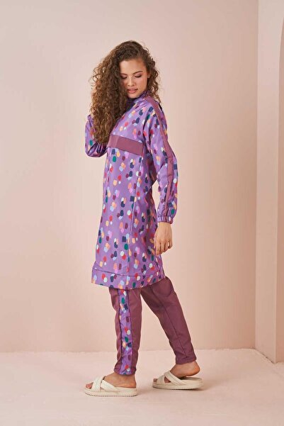 Mevra Puantiye Desen Tesettür Mayo Uzun Lila