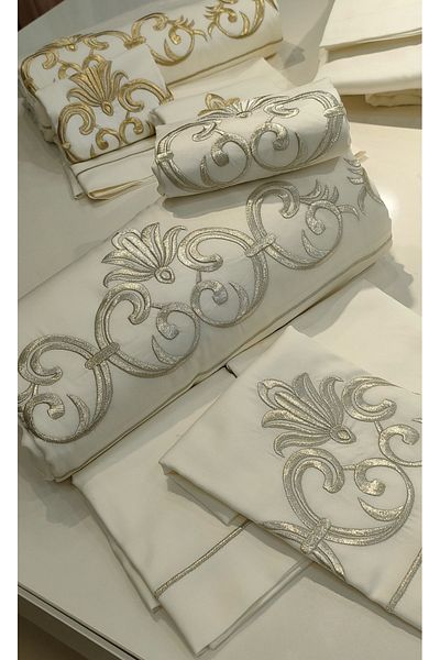 incisecrethome 6 Piece Cotton Satin Duvet Cover Set - Maraş Work Silver and Gold Glitter Embroidered