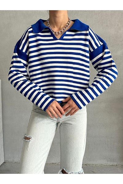BEJNA Pulover Polo de damă cu dungi albastre